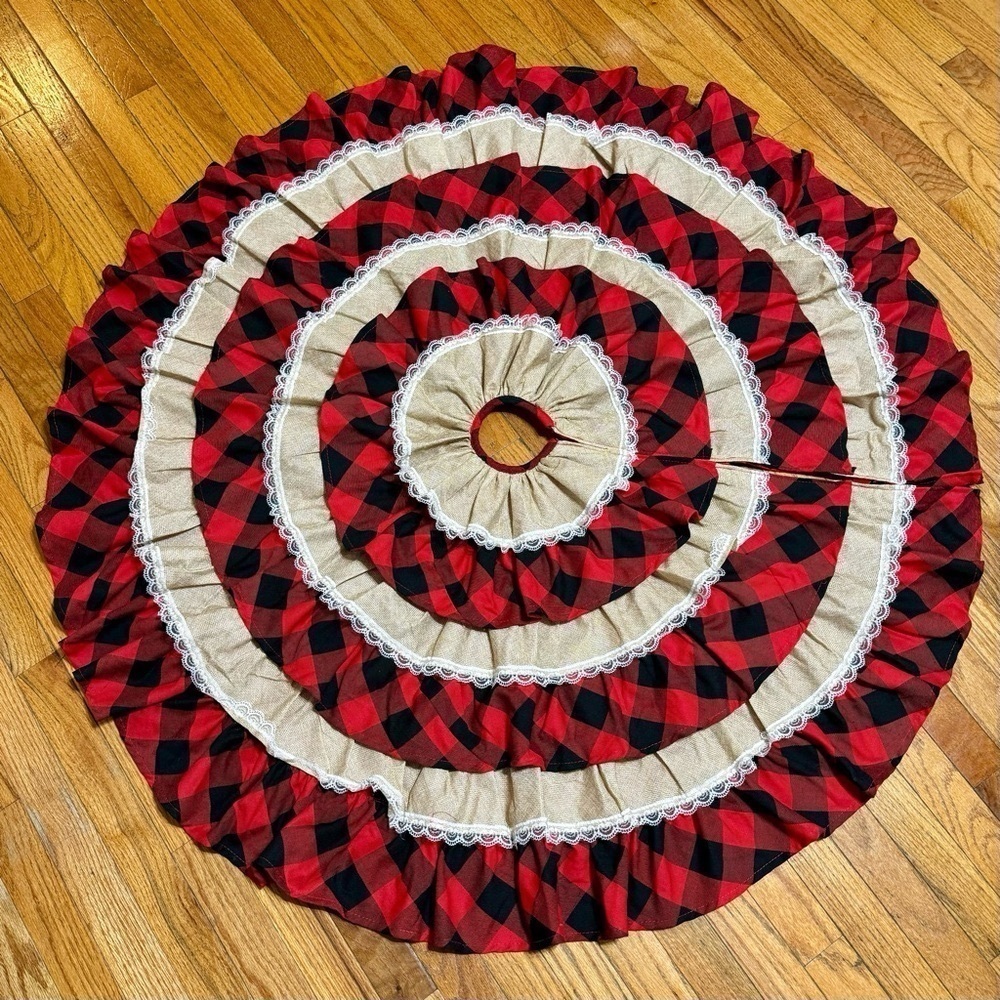Holiday Buffalo Plaid and Burlap Lace Layered Christmas Tree Skirt 48” Red Black - Picture 2 of 7